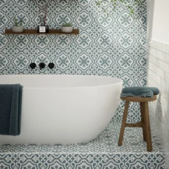 Fiore Teal / White Victorian Pre-scored Porcelain Wall & Floor Tile 450 X 450mm - 1.42sqm Pack -Flooring Store 13220597 7264909608388476